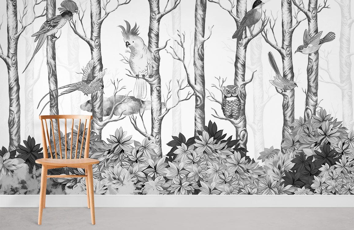 Black and white woodland fantasy birds mural wallpaper with wooden chair, grey flooring in living room.