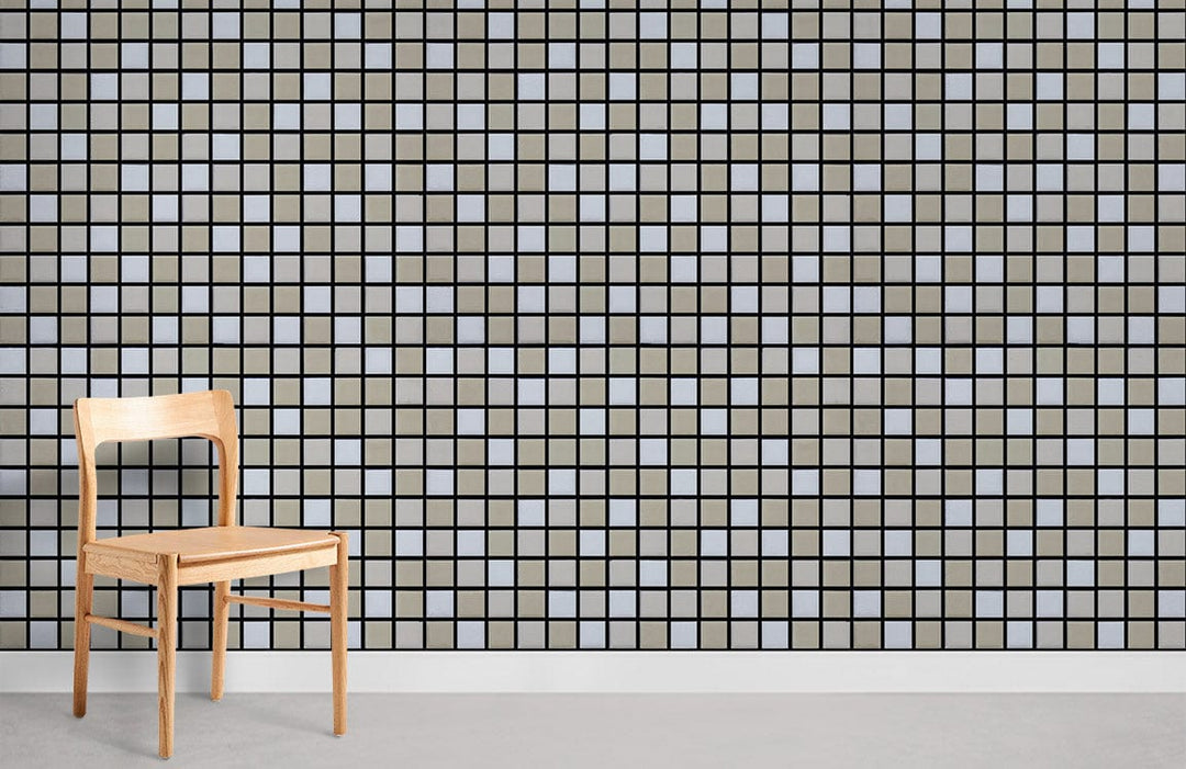 Contemporary wallpaper with grey and black geometric grid pattern, wooden chair, minimalist room design.