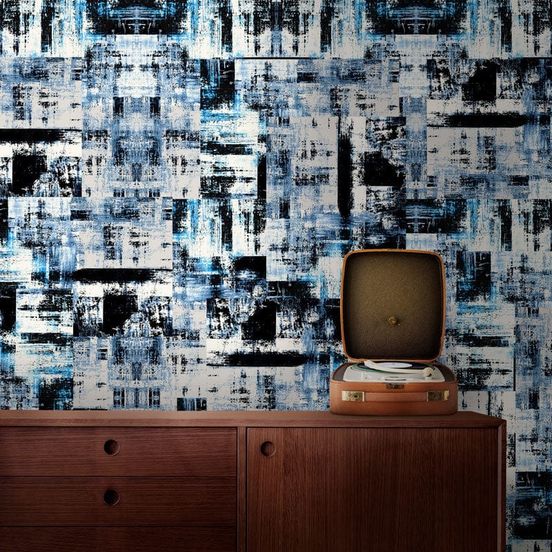 Abstract Urban Blue Geometric Pattern Wallpaper, modern industrial style, wooden sideboard, record player.