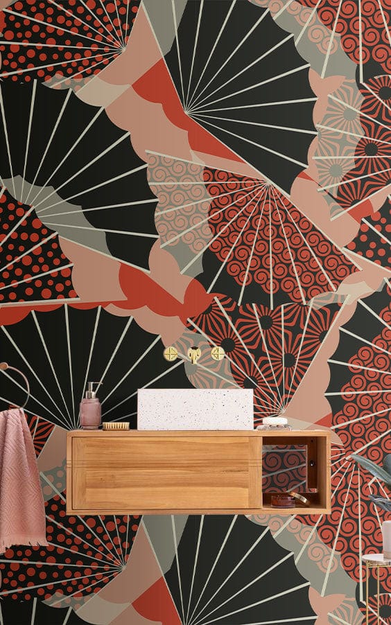 Elegant Oriental fan wallpaper in red and black with floating wooden shelf in modern decor.
