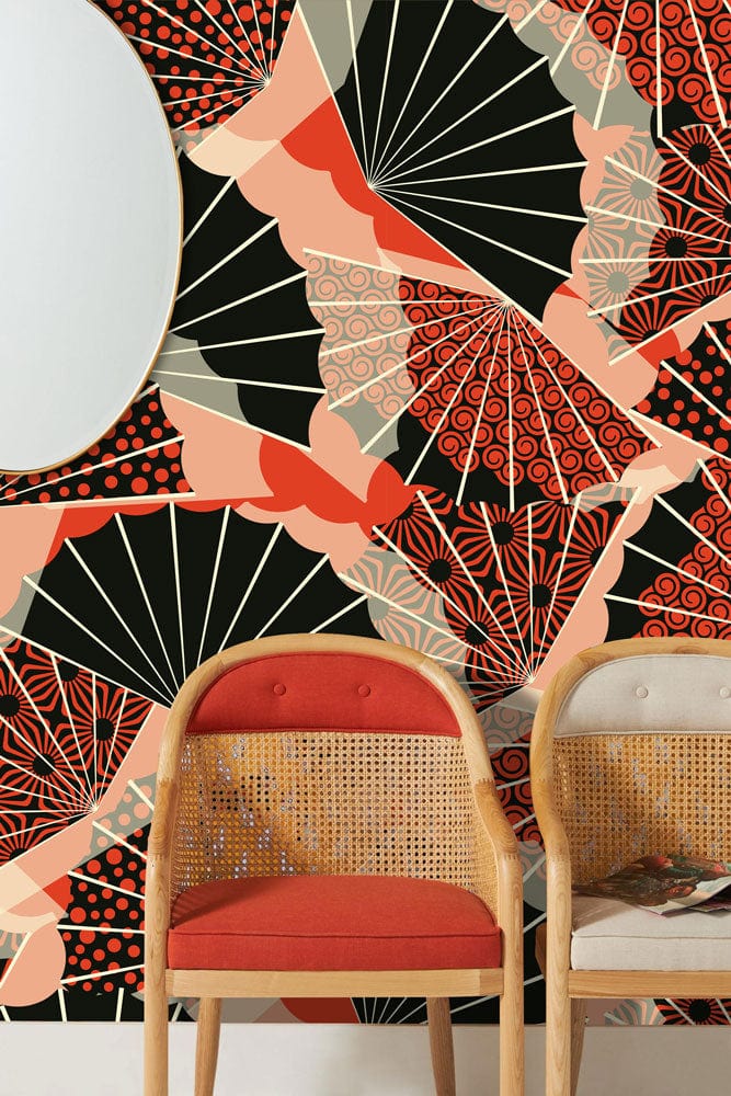 Elegant Oriental fan pattern wallpaper in red and black with chair, mirror, and modern design.