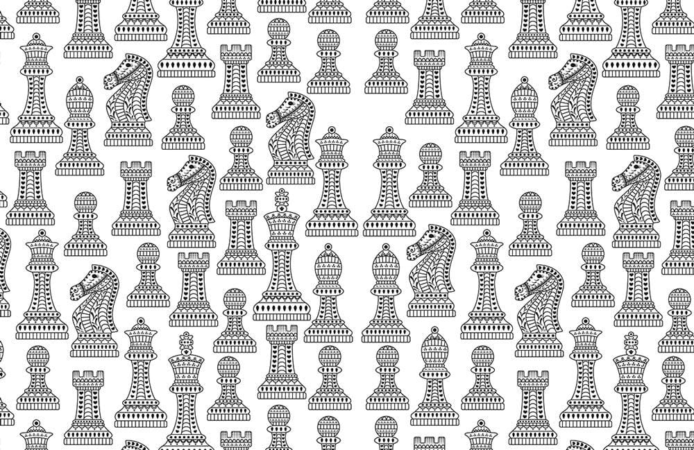 Monochrome Chess Piece Pattern Wallpaper - Black and White Contemporary Design