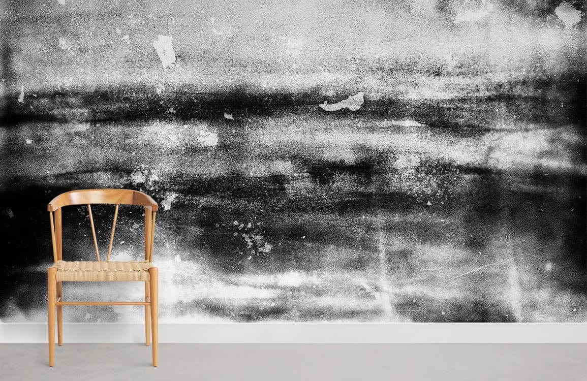 Monochrome abstract wallpaper with wooden chair, light flooring, in a minimalist room.