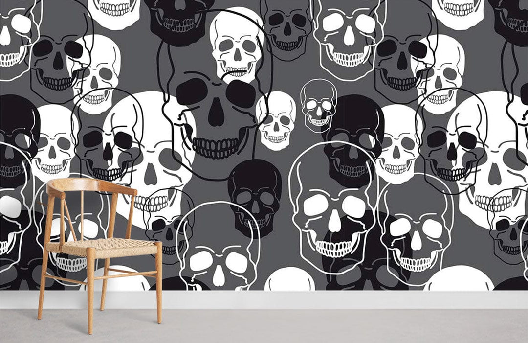 Monochrome Skull Pattern Mural Wallpaper in modern interior with wooden chair and grey flooring.