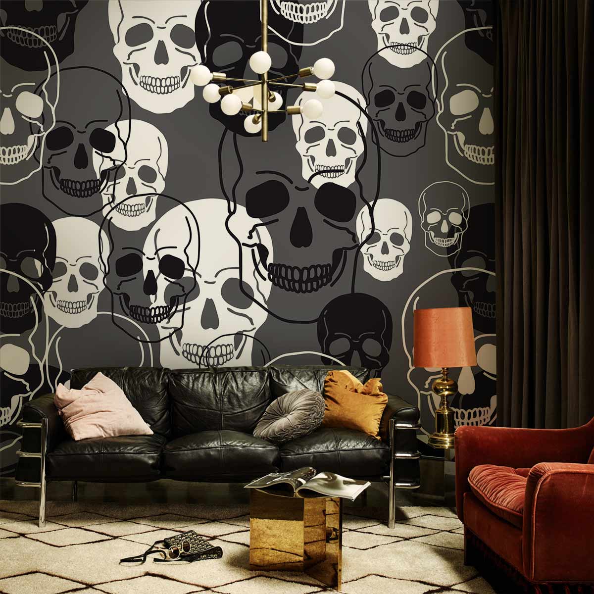 Monochrome skull mural wallpaper in living room, black leather sofa, red armchair, modern chandelier.