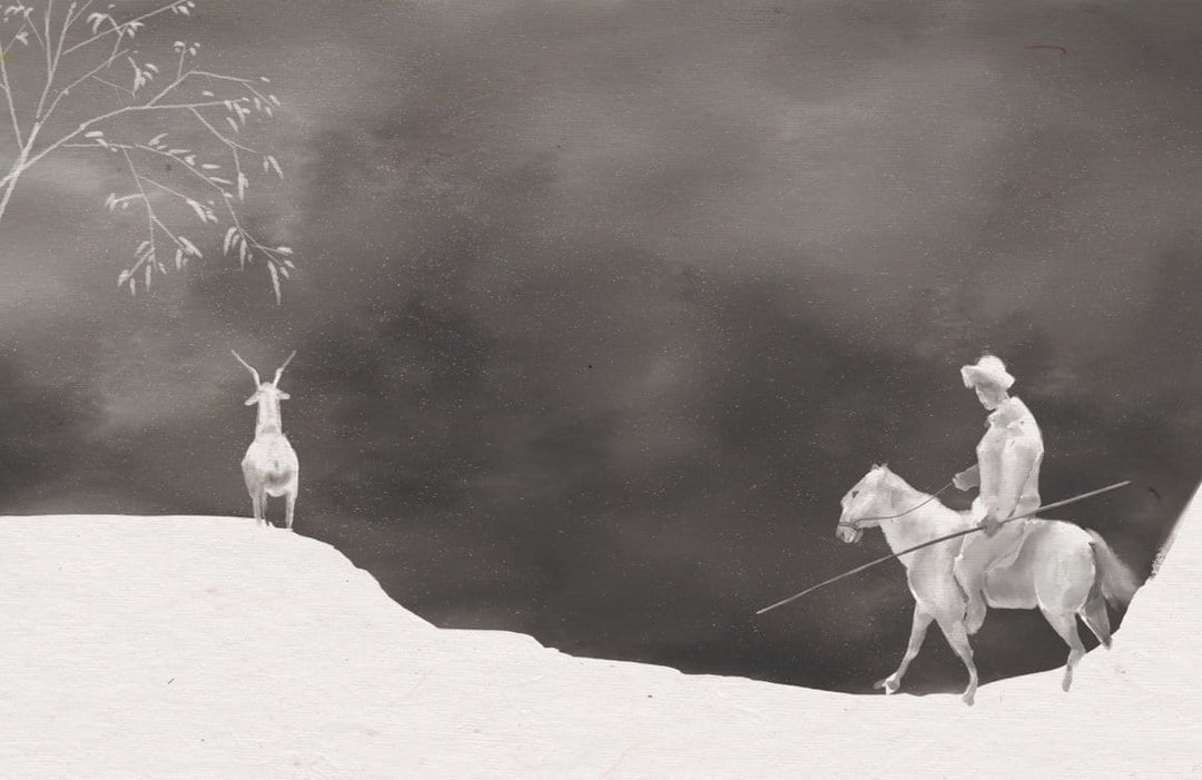 Monochrome Horseman Journey Mural Wallpaper with Minimalist Landscape Design
