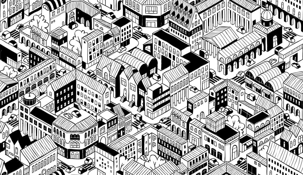 Monochrome Urban Cityscape Wallpaper: Contemporary Black and White Architectural Design