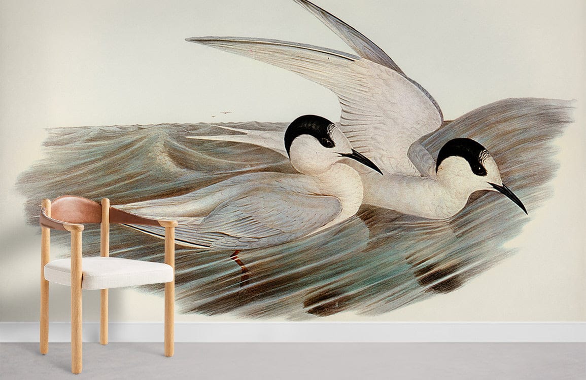 Elegant coastal seabird mural wallpaper in lounge; features chair, light walls, and grey flooring.