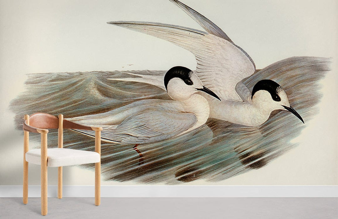 Elegant coastal seabird mural wallpaper in lounge; features chair, light walls, and grey flooring.