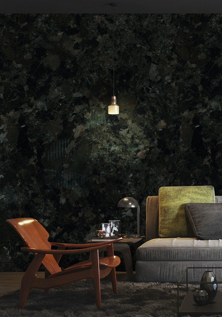 Dark marble effect wallpaper in living room, grey sofa, wooden chair, textured elegant design.