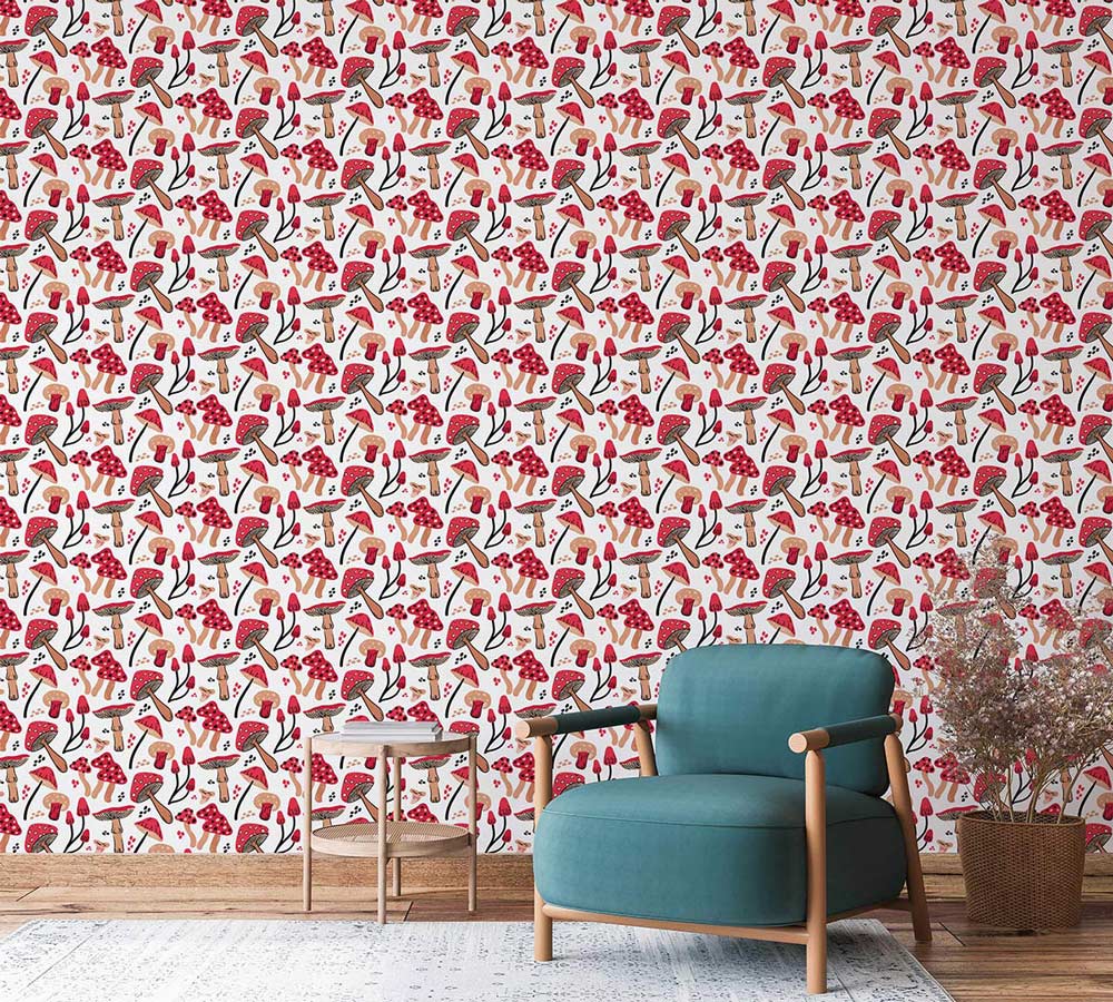 Adorable Mushroom wallpaper in red and beige tones, teal armchair, light wood flooring, stylish living room.