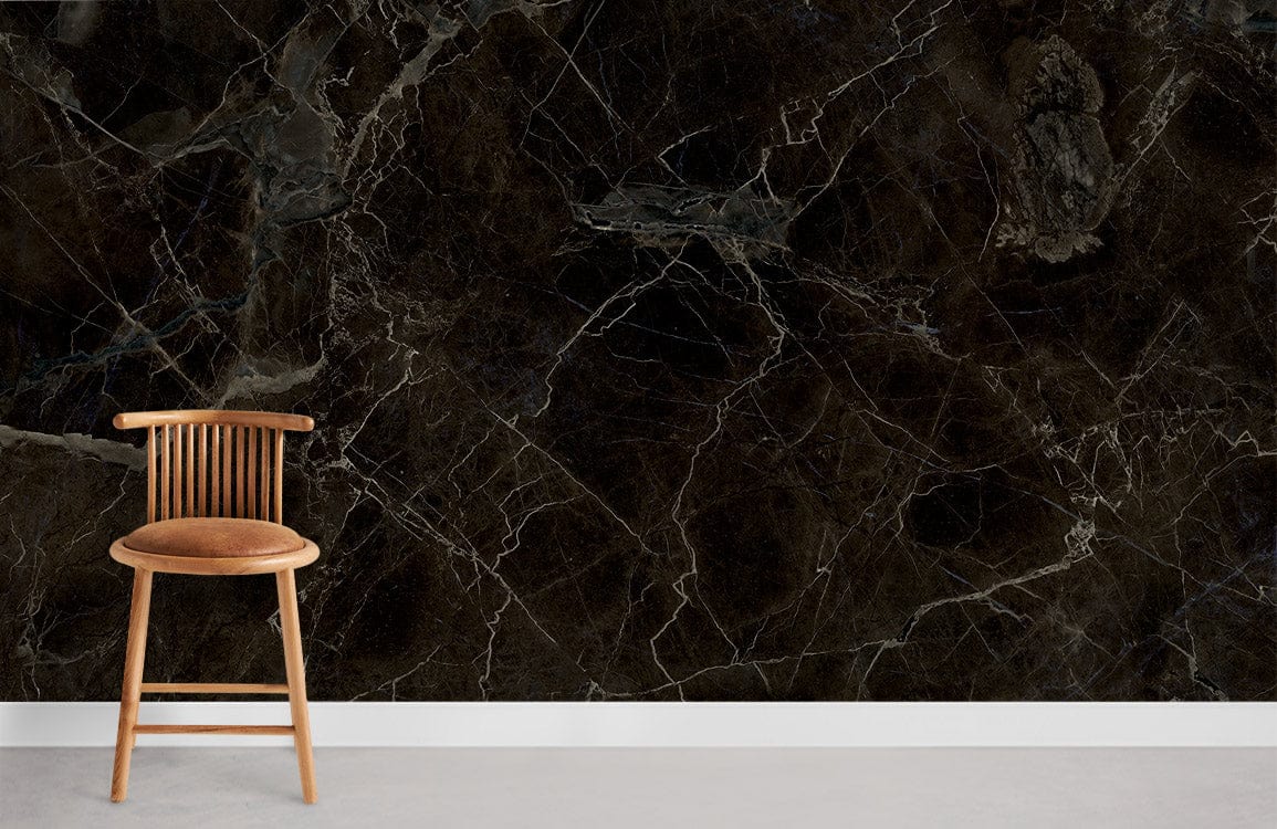 Luxury dark marble wallpaper with elegant veined pattern, wooden chair, concrete flooring in modern room.