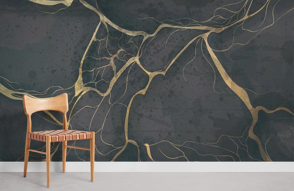 Luxurious green and gold abstract marble wallpaper with wooden chair, modern living room wall decor.