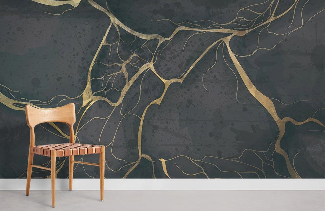 Luxurious green and gold abstract marble wallpaper with wooden chair, modern living room wall decor.