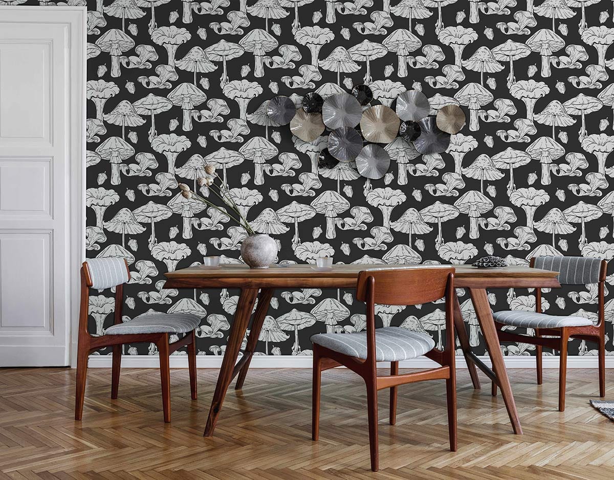 Dining room with Enchanting Monochrome Hedgehog and Mushroom Nature Pattern Wallpaper, wooden table, parquet flooring.