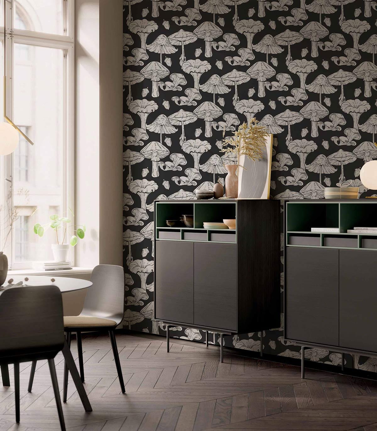 Enchanting hedgehog and mushroom wallpaper, dark cabinets, herringbone flooring, modern dining room decor.