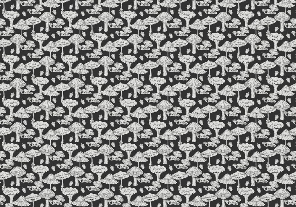 Enchanting Monochrome Hedgehog and Mushroom Nature Pattern Wallpaper Décor