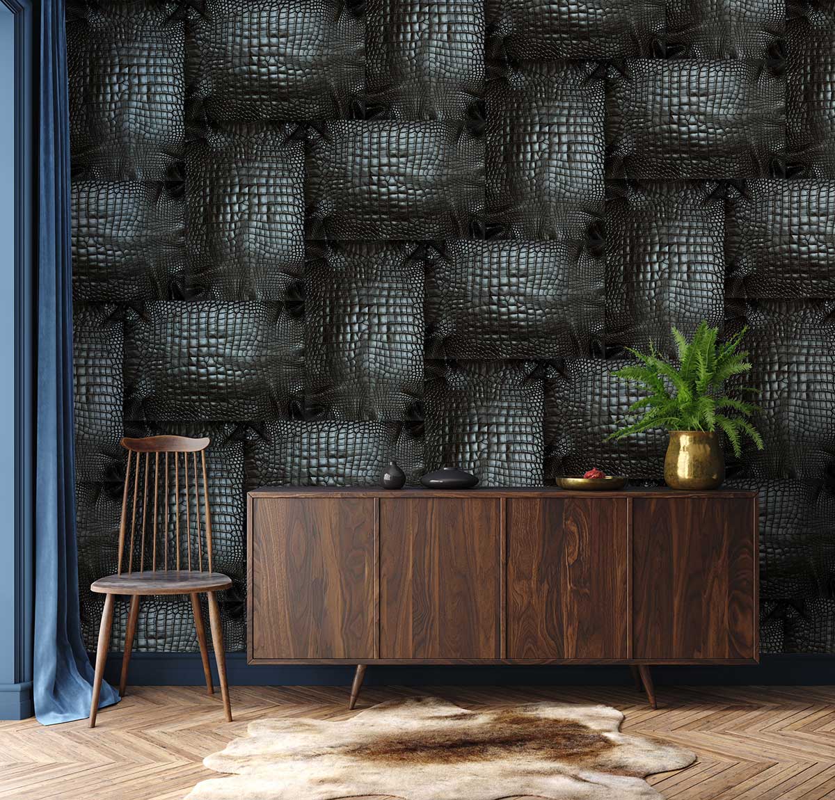 Luxurious dark weave pattern wallpaper with wooden sideboard, minimalist chair, and herringbone flooring.