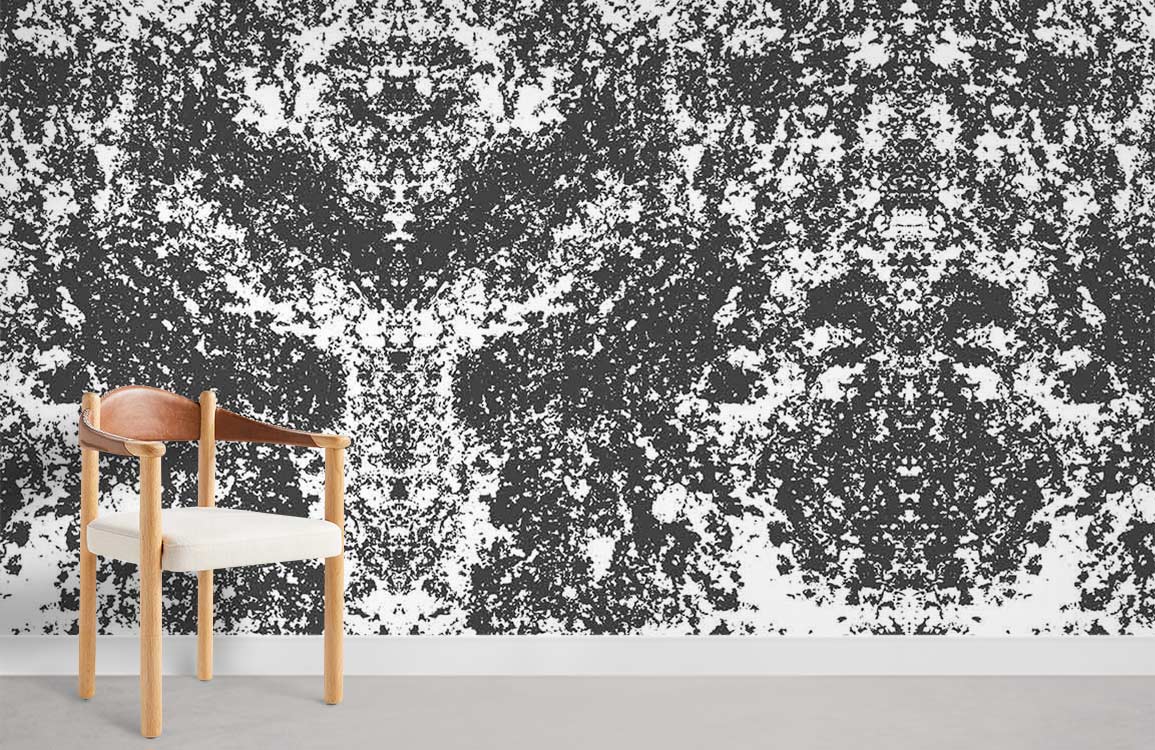 Monochrome inkblot wallpaper, abstract black-white design, white chair, concrete flooring, sophisticated style.