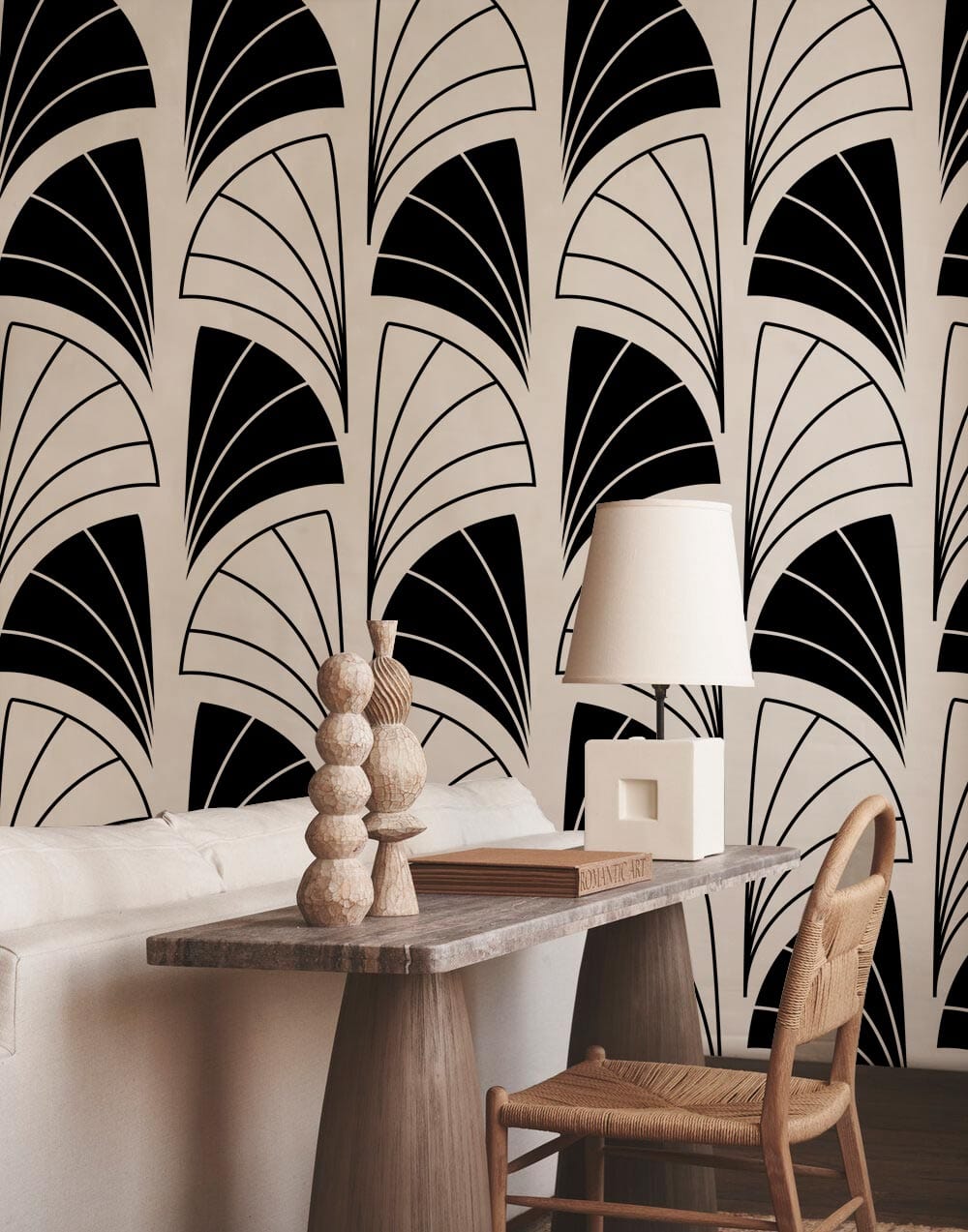 Art Deco Monochrome Fan Pattern Wallpaper - Black and Beige Elegance