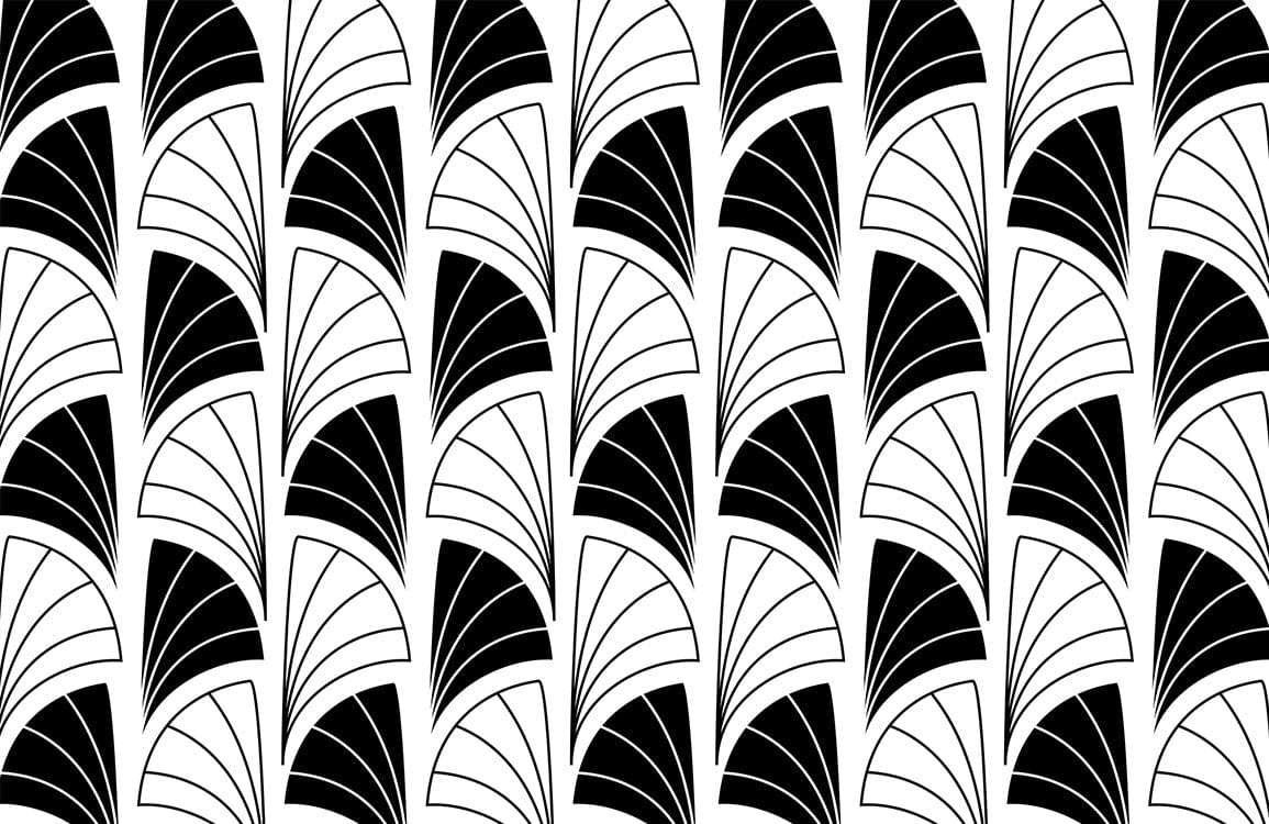 Art Deco Monochrome Fan Pattern Wallpaper, black and beige elegance, bold design, geometric style.