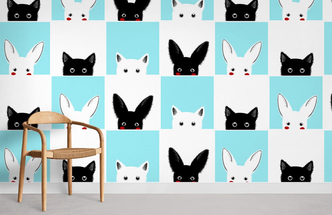 Playful Monochrome and Aqua Bunny Wallpaper in modern room with wooden chair, grey flooring, playful pattern.