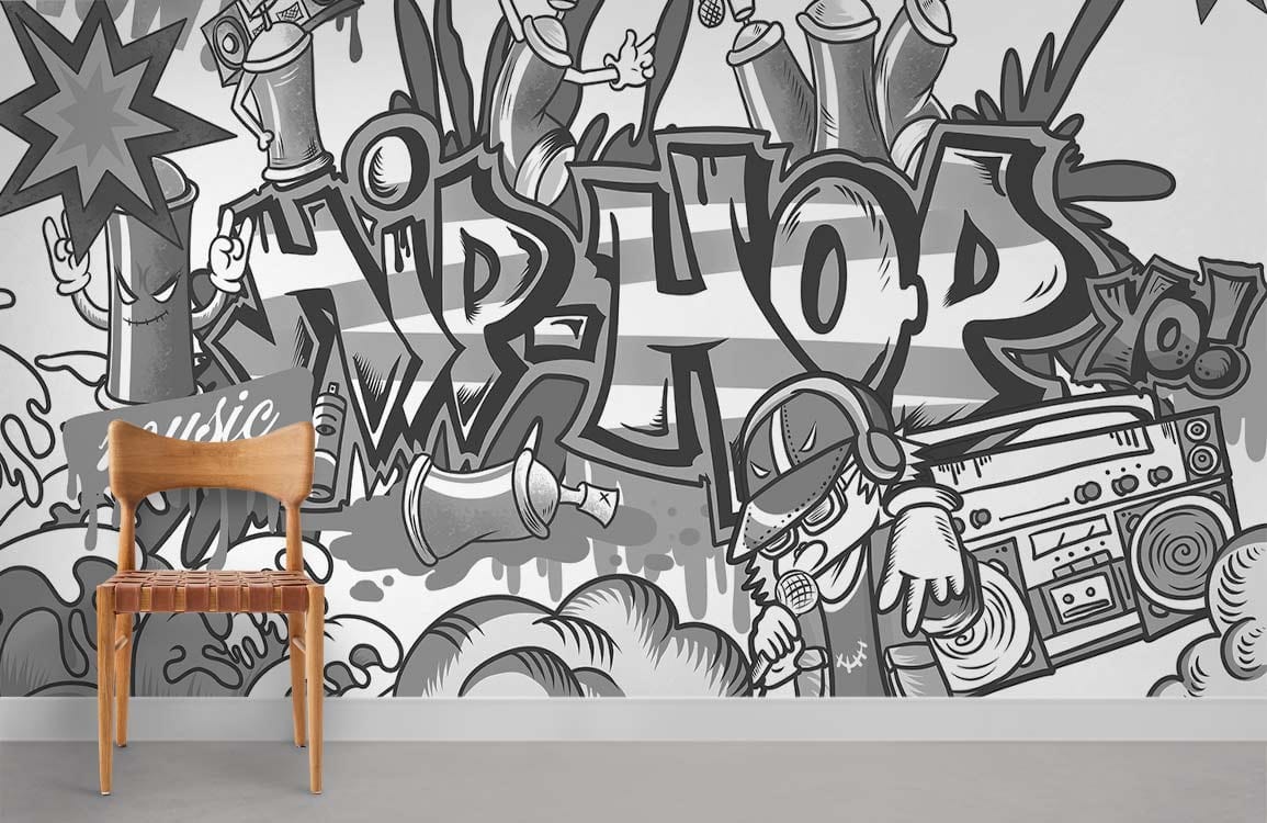 Urban graffiti hip-hop mural wallpaper, monochrome street art style, wooden chair, grey flooring.