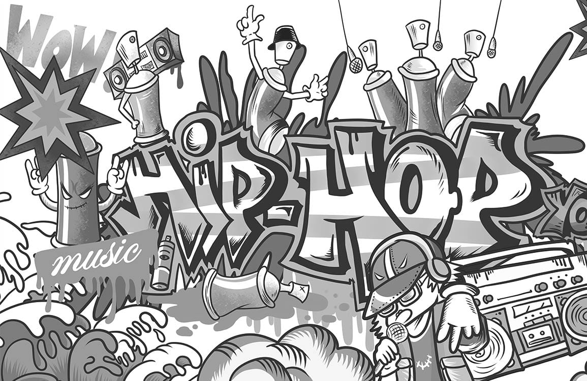 Urban Graffiti Hip-Hop Mural Wallpaper in Monochrome Street Art Style.