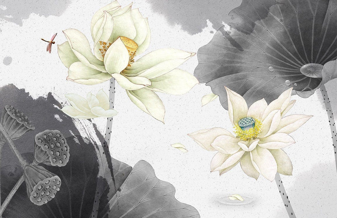 Elegant Lotus Blossom Mural Wallpaper in Soft Watercolour Tones for Serene Spaces