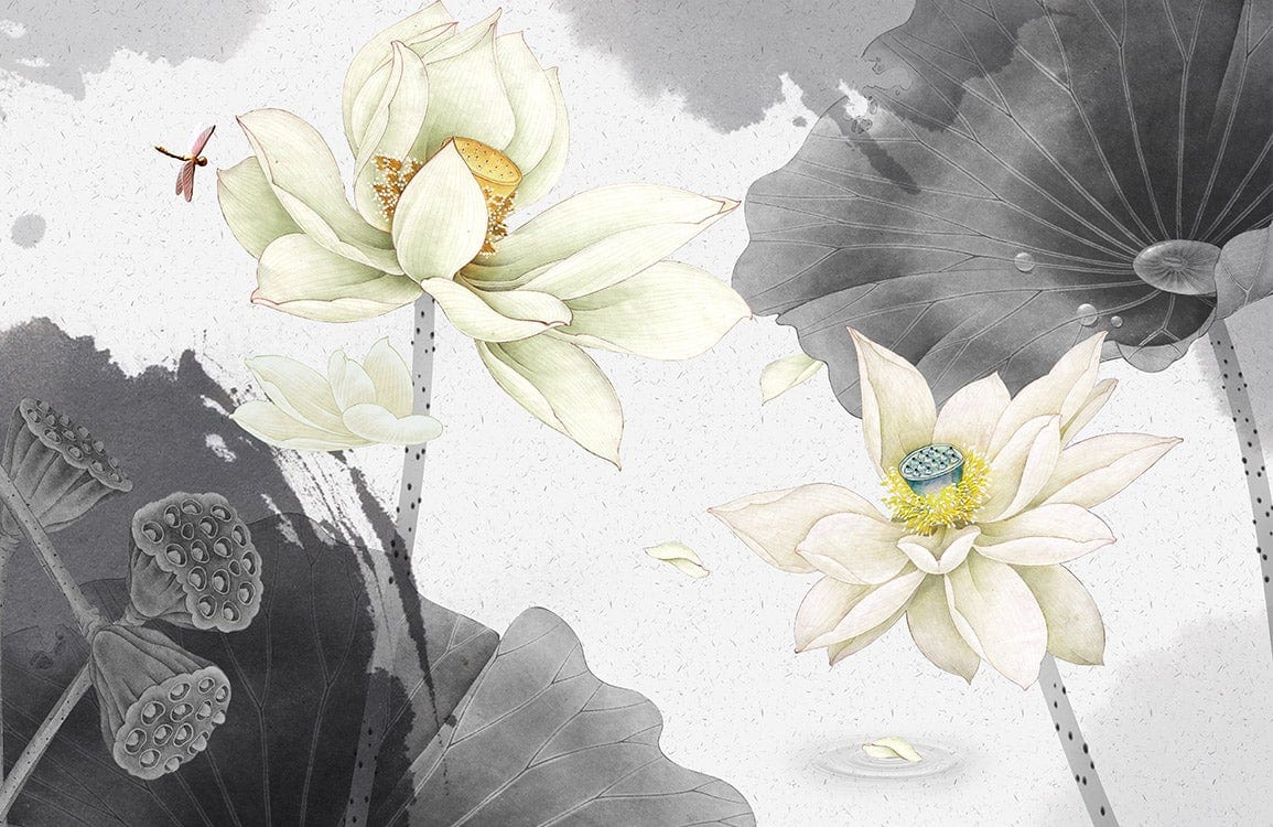 Elegant Lotus Blossom Mural Wallpaper in Soft Watercolour Tones for Serene Spaces
