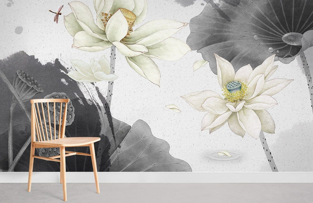 Elegant Lotus Blossom Mural Wallpaper with wooden chair, soft grey tones, serene style, watercolour design.