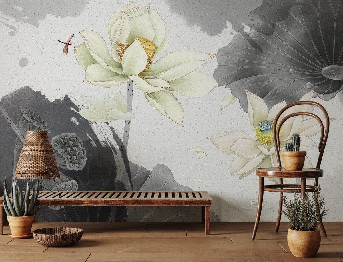 Elegant Lotus Blossom Mural Wallpaper in watercolour tones, wooden bench, rustic chair, wooden flooring.