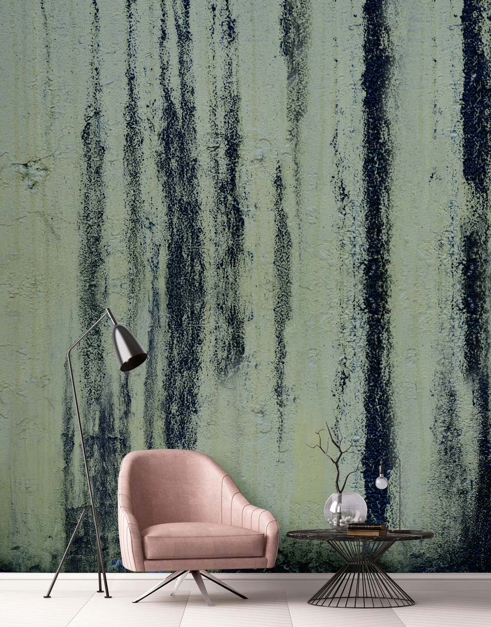 Rustic Charcoal Drip Abstract Wallpaper in living room with pink chair, grey lamp, black table.