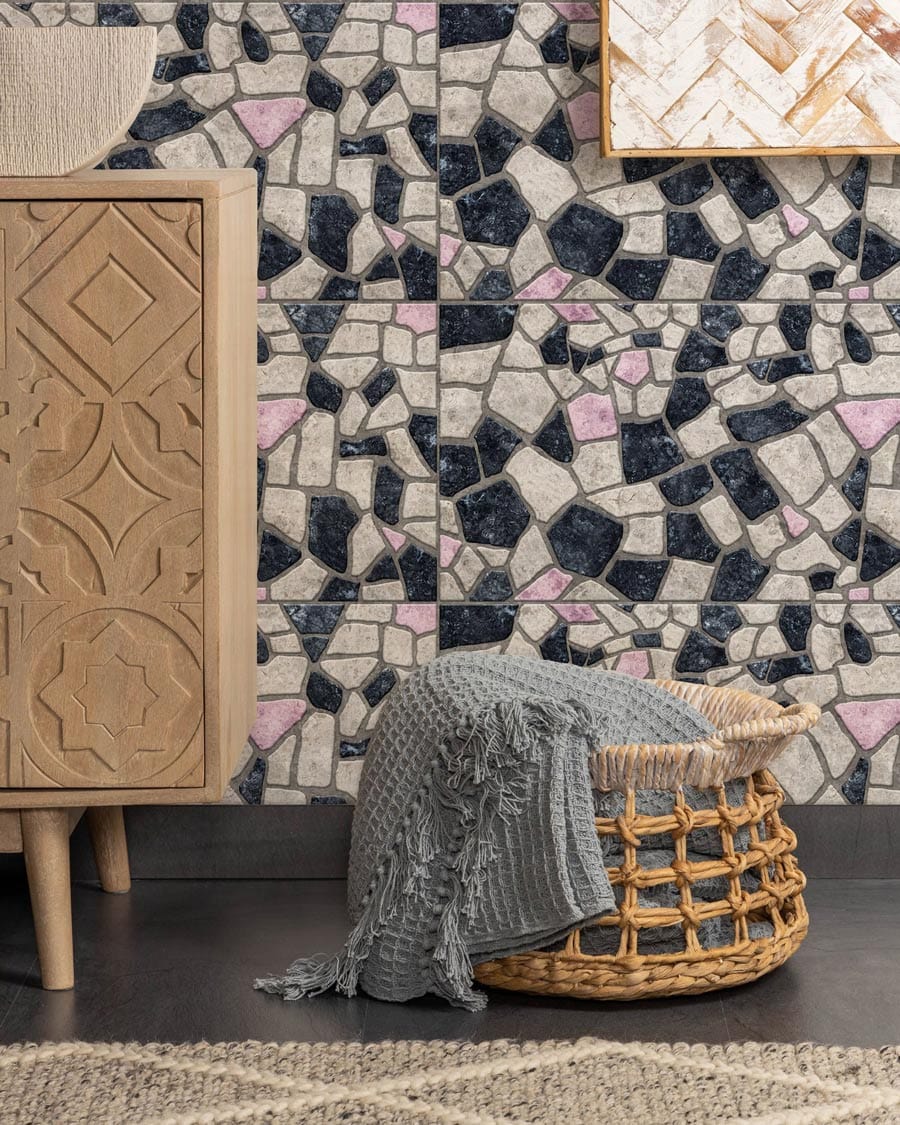 Chic mosaic wallpaper, wooden cabinet, woven basket; pink, grey, black pattern for modern interior design.