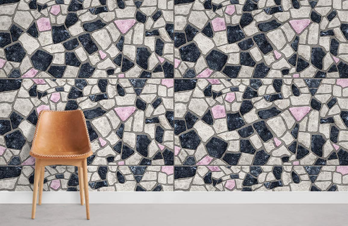 Chic Monochrome and Pink Mosaic Wallpaper enhances modern interiors with stylish brown leather chair.