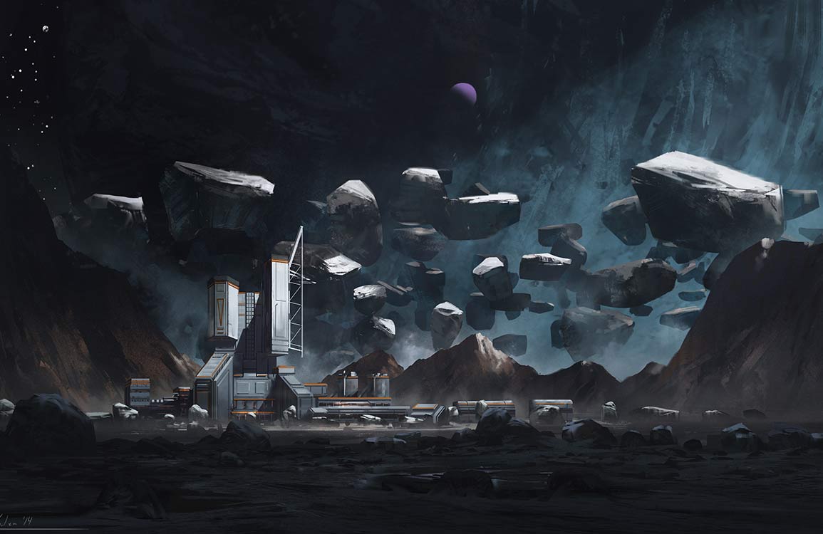 Futuristic Space Colony Mural Wallpaper in Dark Blue and Grey Tones