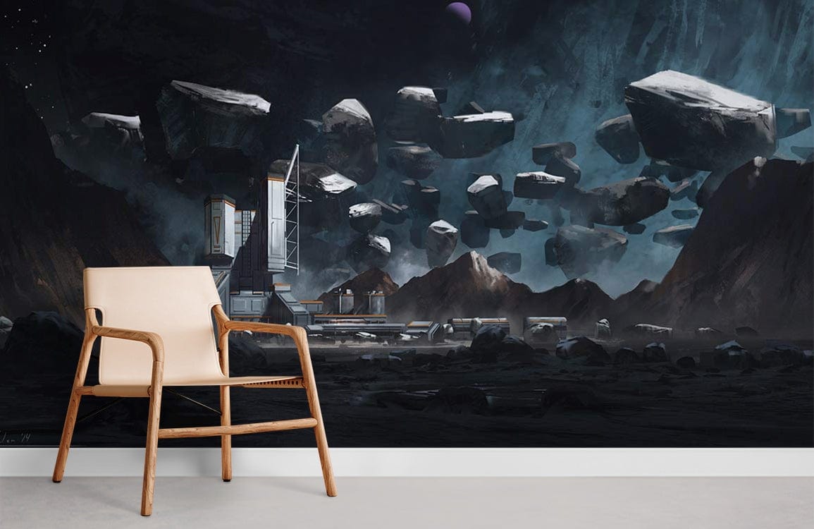 Alt text: Futuristic space colony mural in dark tones, modern chair, light flooring, cosmic room aesthetic.