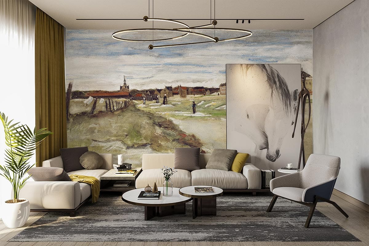 Vintage mural wallpaper, earthy tones in elegant living room, modern lighting, cream sofas, contemporary rug.