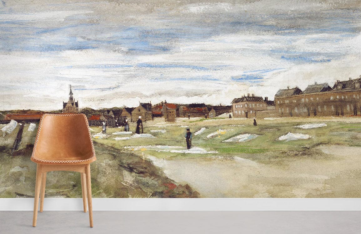 Vintage countryside mural wallpaper in earthy tones, featuring leather chair; grey flooring; dimension details available.