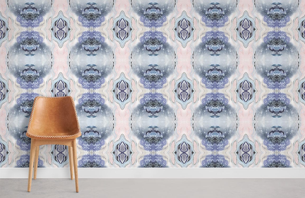 Elegant pastel watercolour symmetry wallpaper, soft blue and pink pattern, with brown chair and grey flooring.