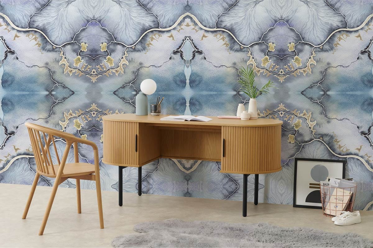 Elegant Blue Grey Abstract Wallpaper with Gold Accents in stylish office with wooden desk and chair.