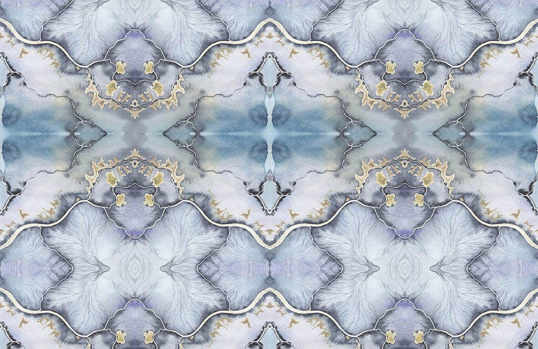 Elegant Blue and Grey Abstract Patterned Mural Wallpaper with Gold Accents