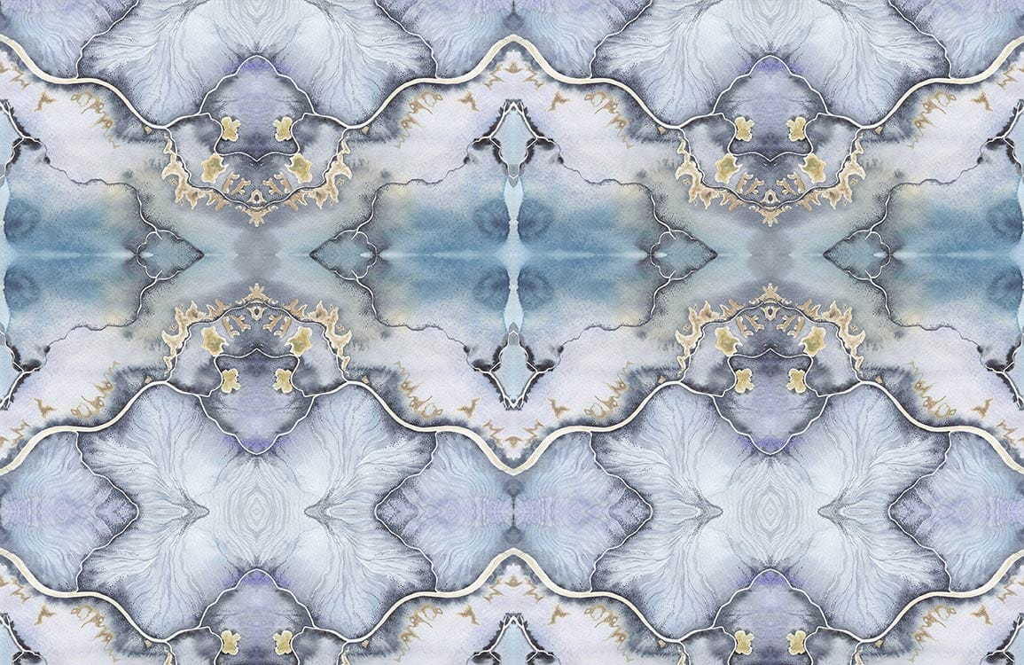 Elegant Blue and Grey Abstract Patterned Mural Wallpaper with Gold Accents