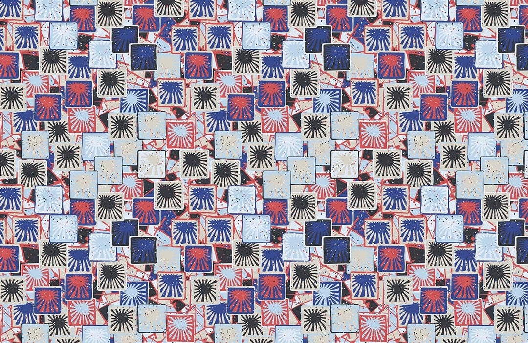 Retro Geometric Tile Patterned Wallpaper - Red, Blue, Black Design