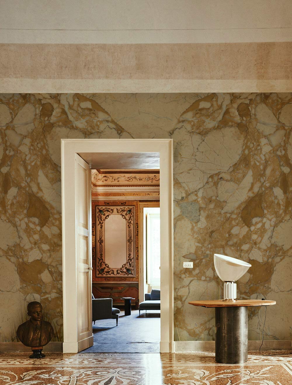 Gold and Cream Marble Effect Wallpaper Mural in elegant lounge with ornate flooring and classic decor.