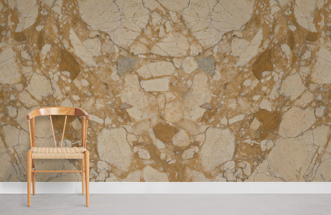 Gold and cream marble effect wallpaper mural with wooden chair, grey carpet, luxurious interior design.