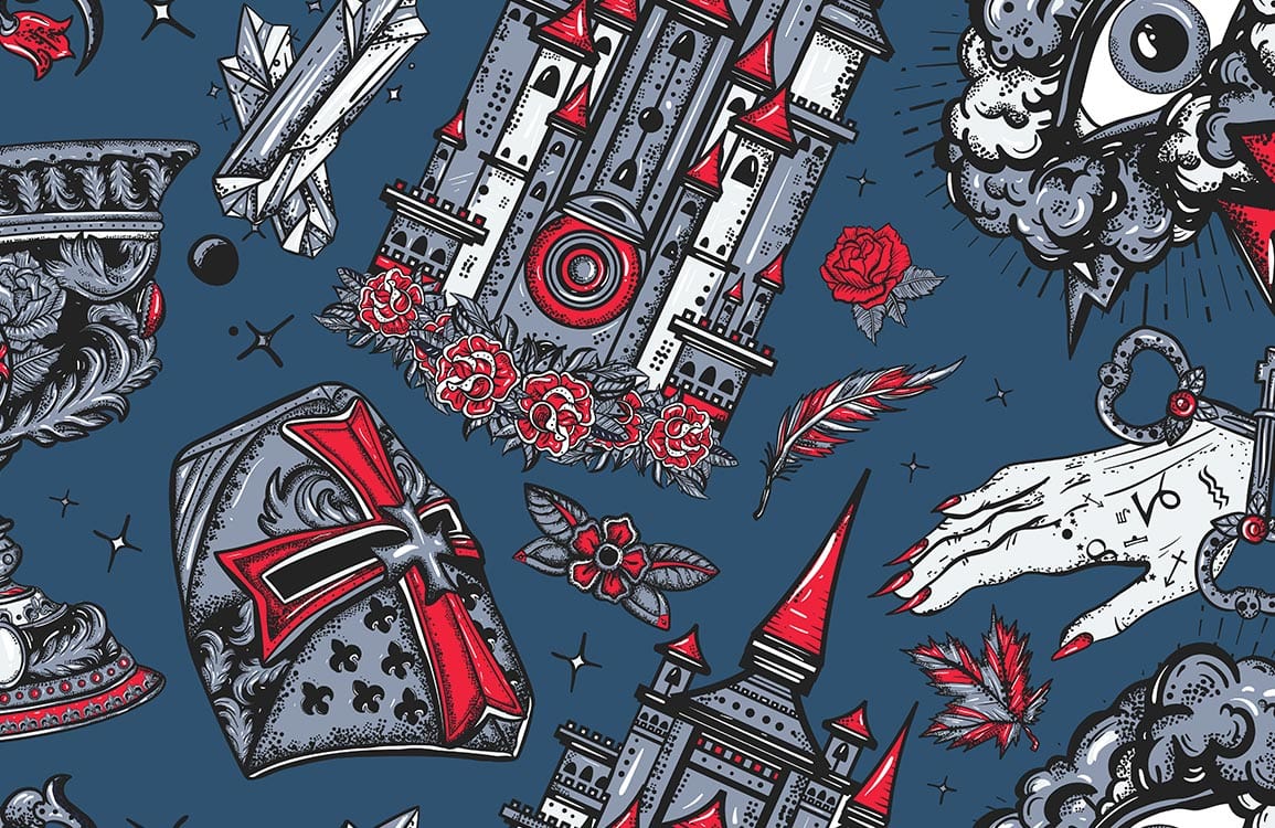 Gothic Castle Blue and Red Wallpaper with Mystical Medieval Patterns