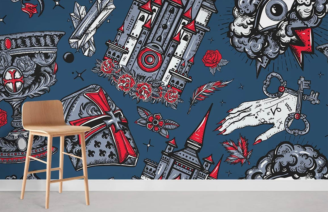 Gothic castle wallpaper with medieval patterns, wooden stool, blue wall, neutral flooring, dining area.
