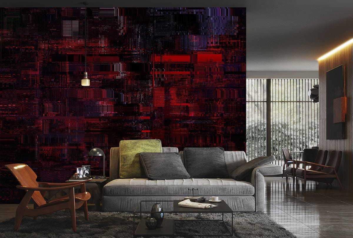 Modern Abstract Digital Pattern Mural Wallpaper Art with grey sofa, wooden chairs, modern living room decor.