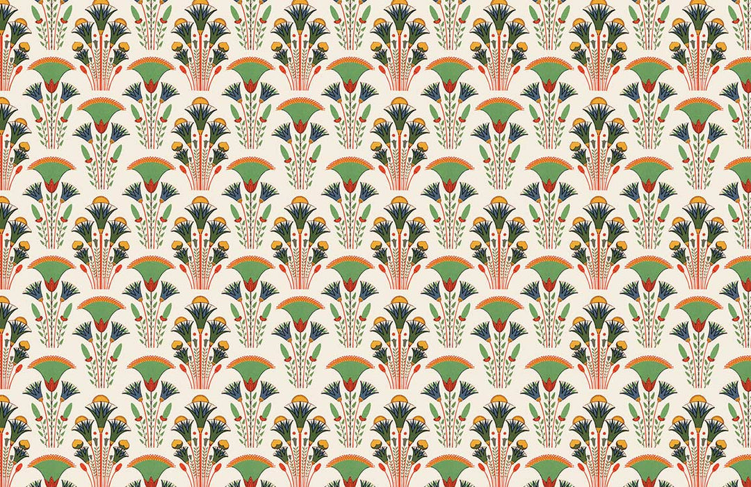 Art Deco Floral Pattern Wallpaper in Pastel Green and Orange Hues